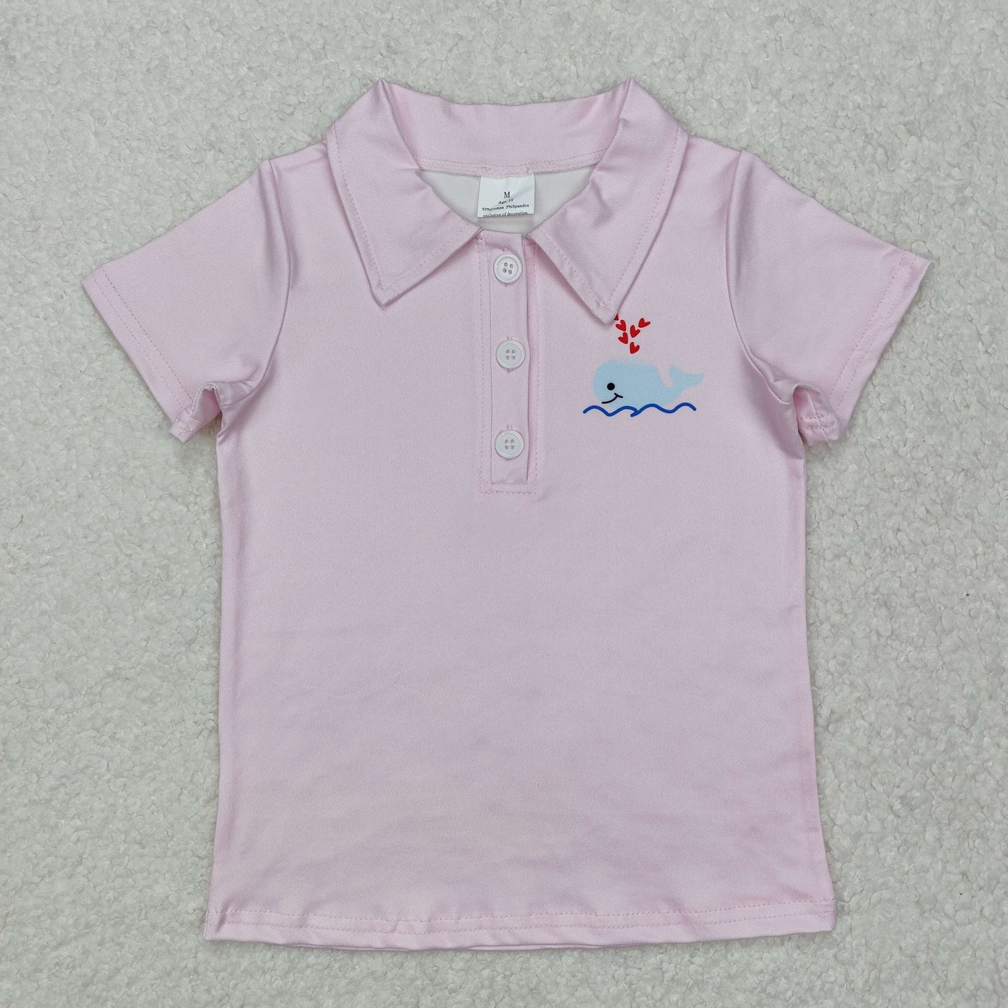 BT1105 Whale Heart Pink Print Boys Valentine's Day Polo Tee Shirts Top