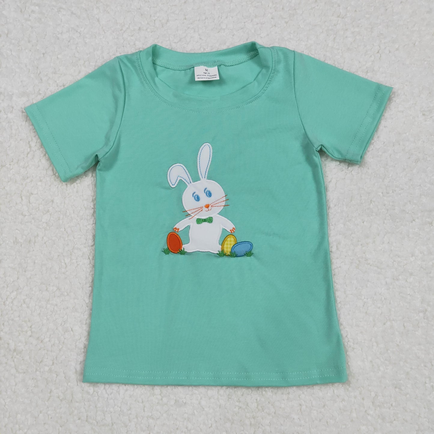 BT1132 Bunny Embroidery Green Boys Easter Tee Shirts Top