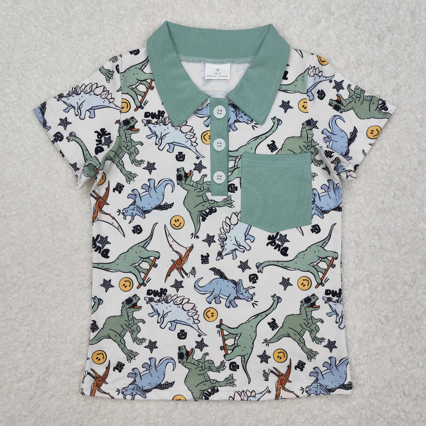 BT1133 Dino Smiling Face Print Boys Summer Polo Tee Shirts Top