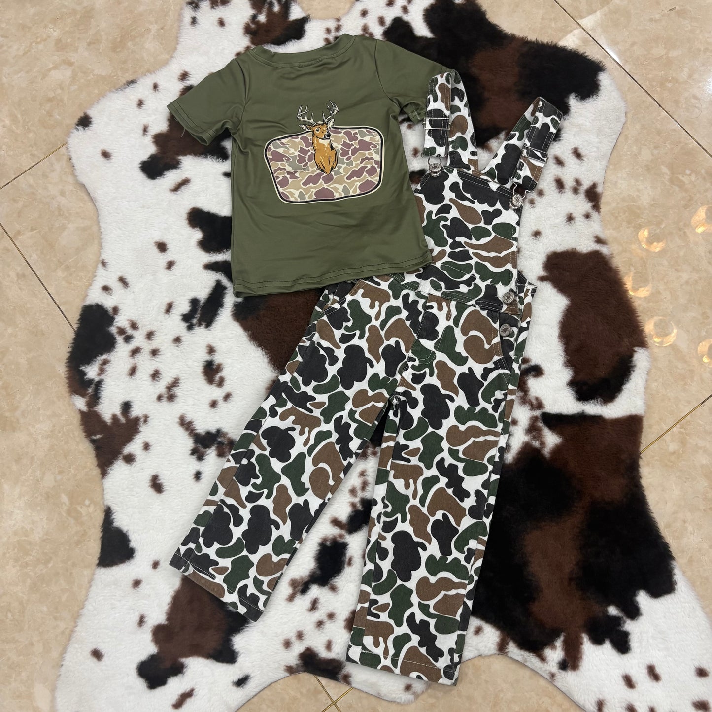 BT1148+P0535 Deer Green Top Camo Suspender Denim Overall Jumpsuits Kids Hunting Clothes Set