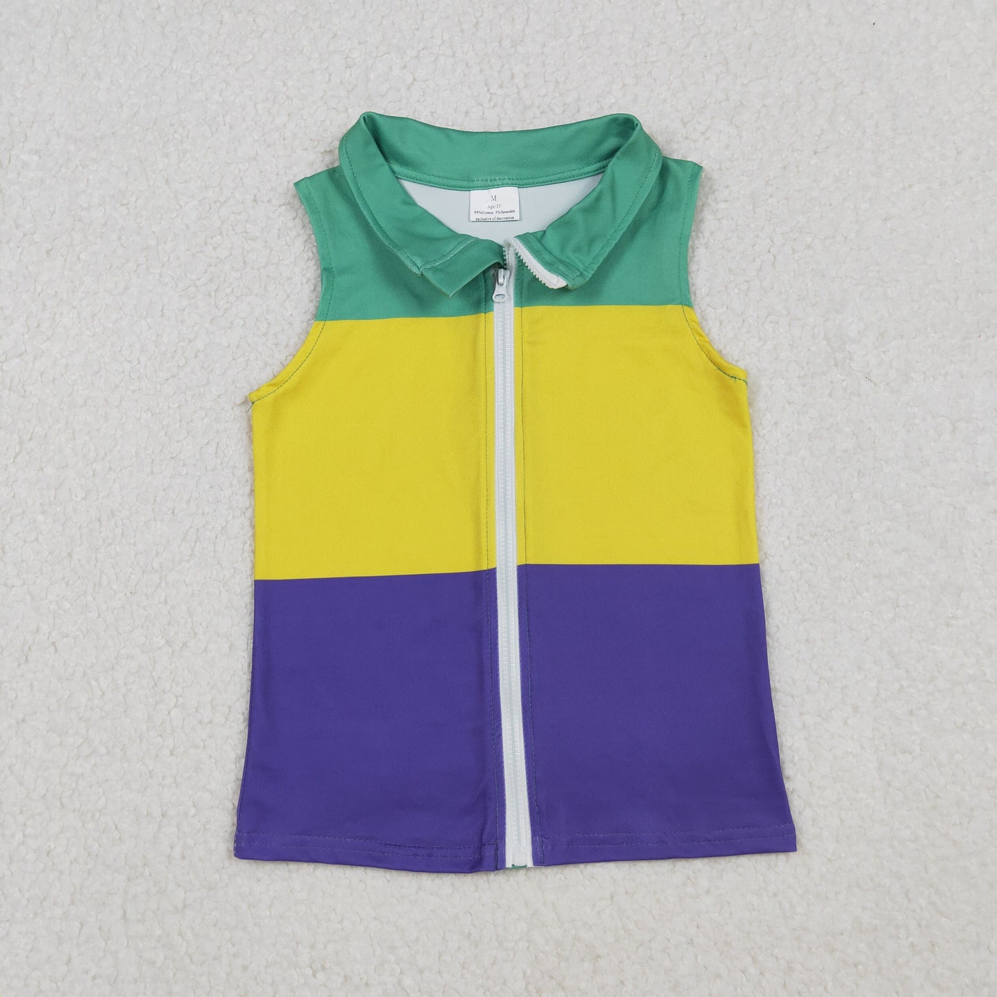 BT1157  Green Yellow Purple Color Kids Mardi Gras Sleeveless Patchwork Zipper Vest Top