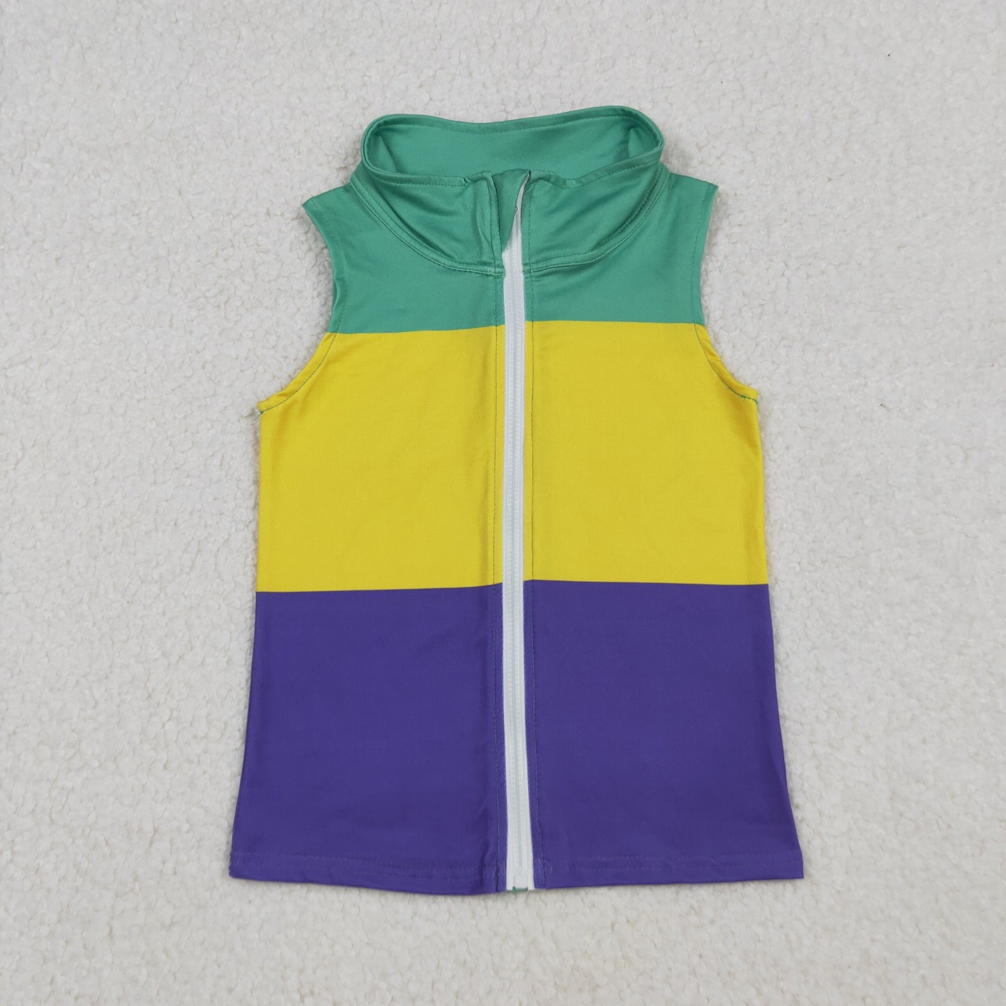 BT1157  Green Yellow Purple Color Kids Mardi Gras Sleeveless Patchwork Zipper Vest Top