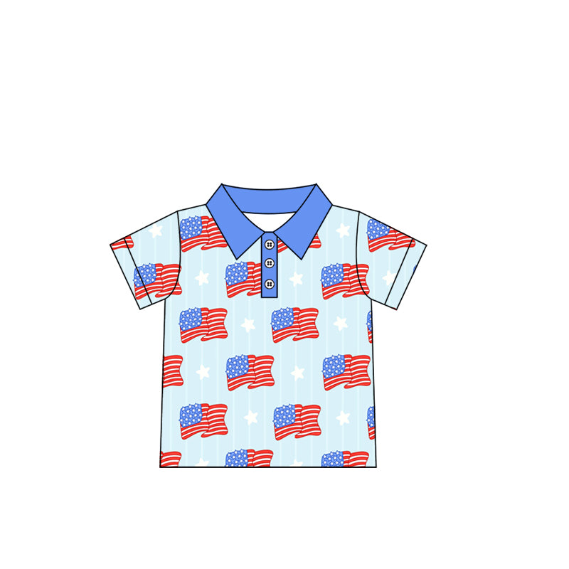 (Pre-order)BT1161 Flag Print Boys 4th of July Short Sleeve Polo Tee Shirts Top