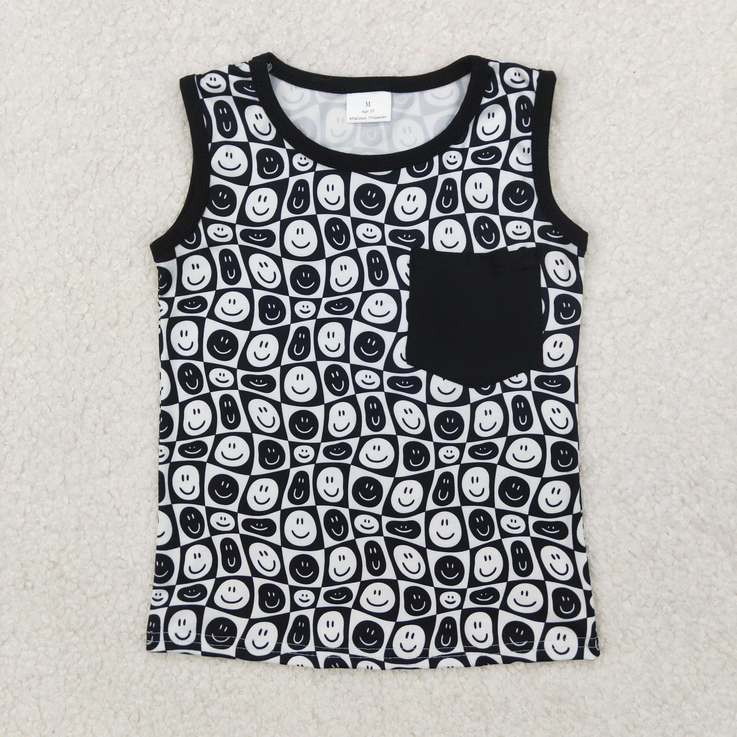 BT1192 Smiling Face Black Plaid Print Boys Summer Pocket Vest Top