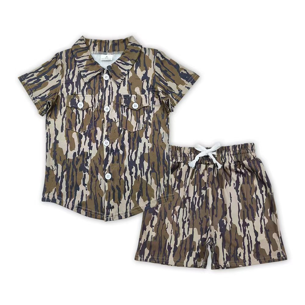 4 Colors Camo Pockets Tee Shirts Top Shorts Boys Summer Clothes Set Brothers Wear