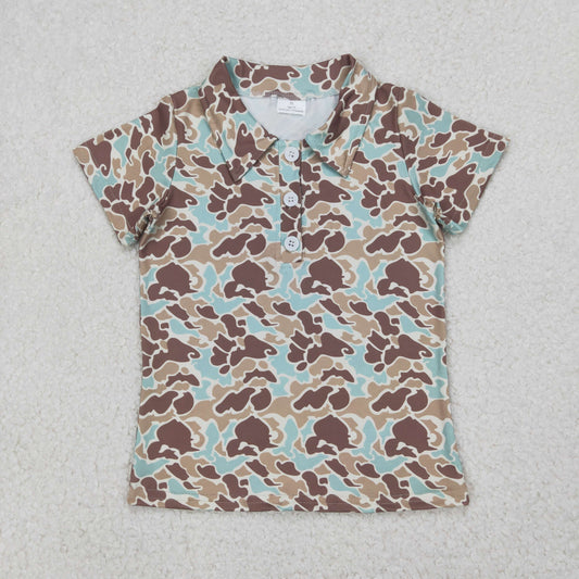 BT1212 Brown Blue Camo Print Boys Summer Polo Tee Shirts Top