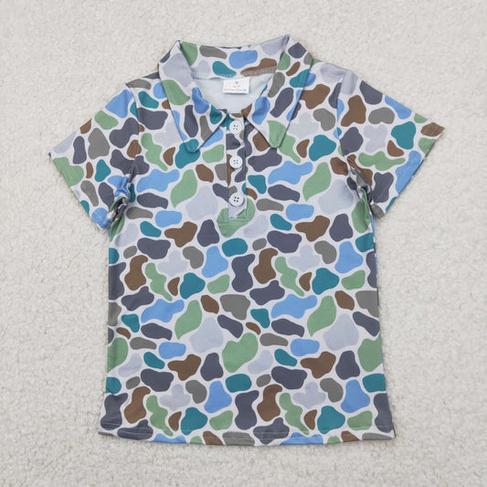 BT1214 Grey Green Camo Print Boys Summer Polo Tee Shirts Top