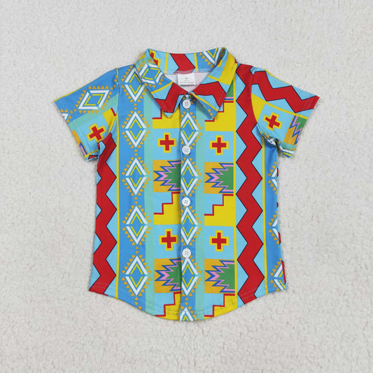 BT1225 Colorful Aztec Western Print Boys Summer Tee Shirts Top