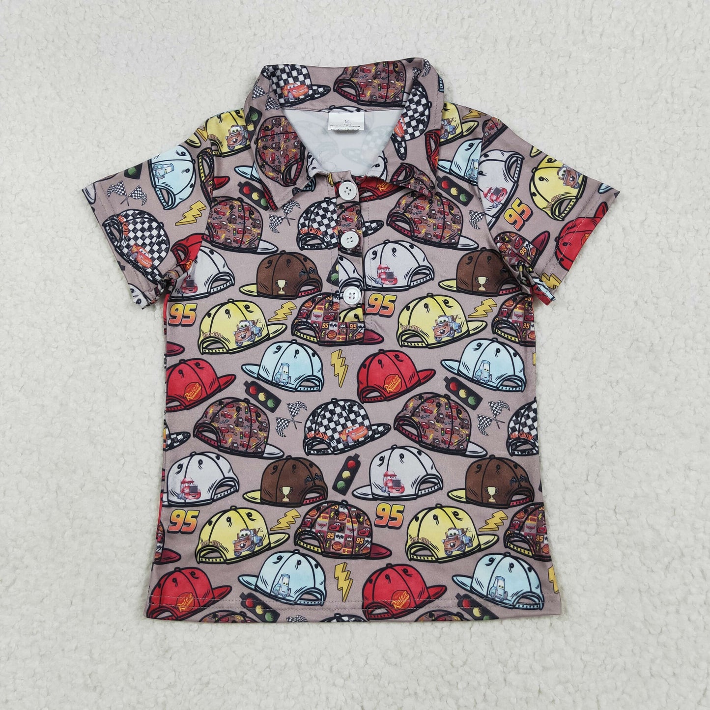 BT1228 Cartoon Cars Print Boys Summer Polo Tee Shirts Top