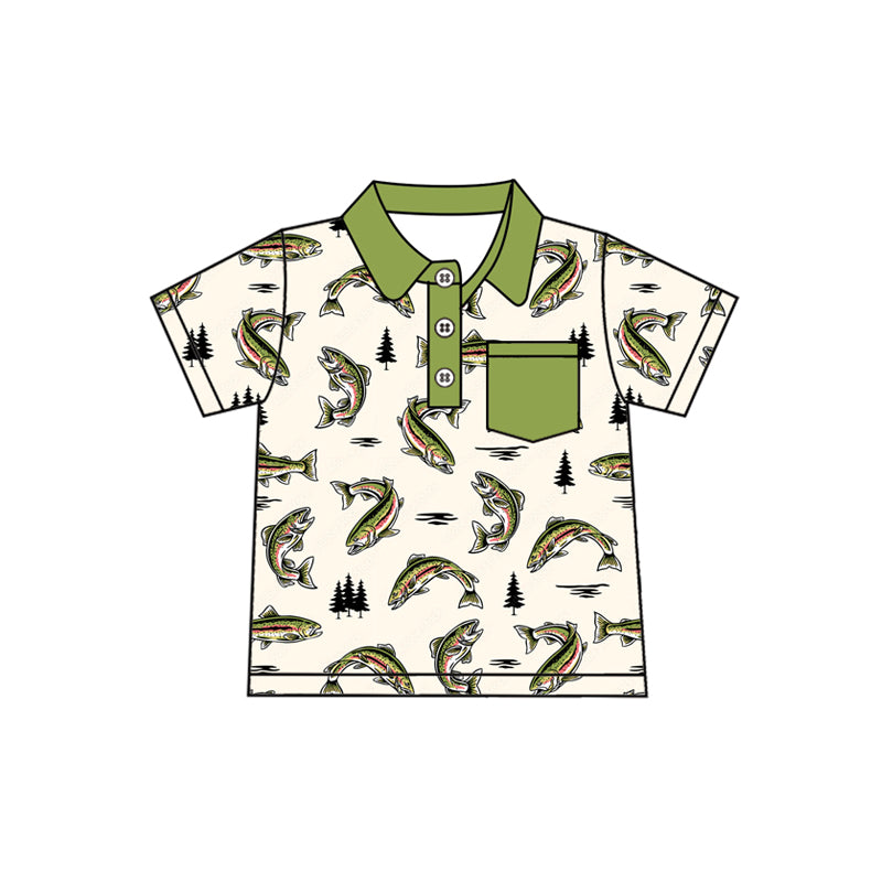 (Pre-order)BT1245 Fish Green Print Boys Summer Polo Tee Shirts Top