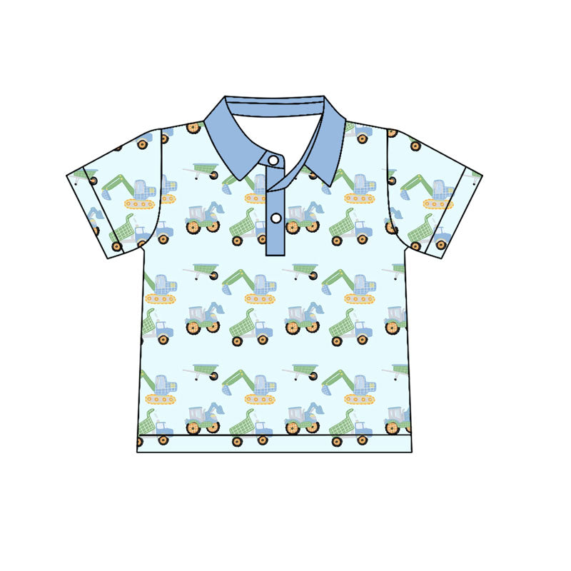 (Pre-order)BT1262 Construction Trucks Print Boys Summer Polo Tee Shirts Top