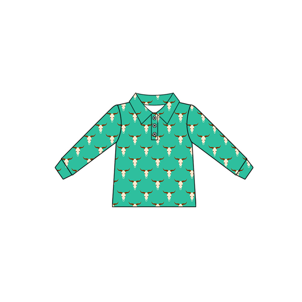 (Pre-order)BT1281 Cow Skull Green Print Boys Fall Western Polo Top