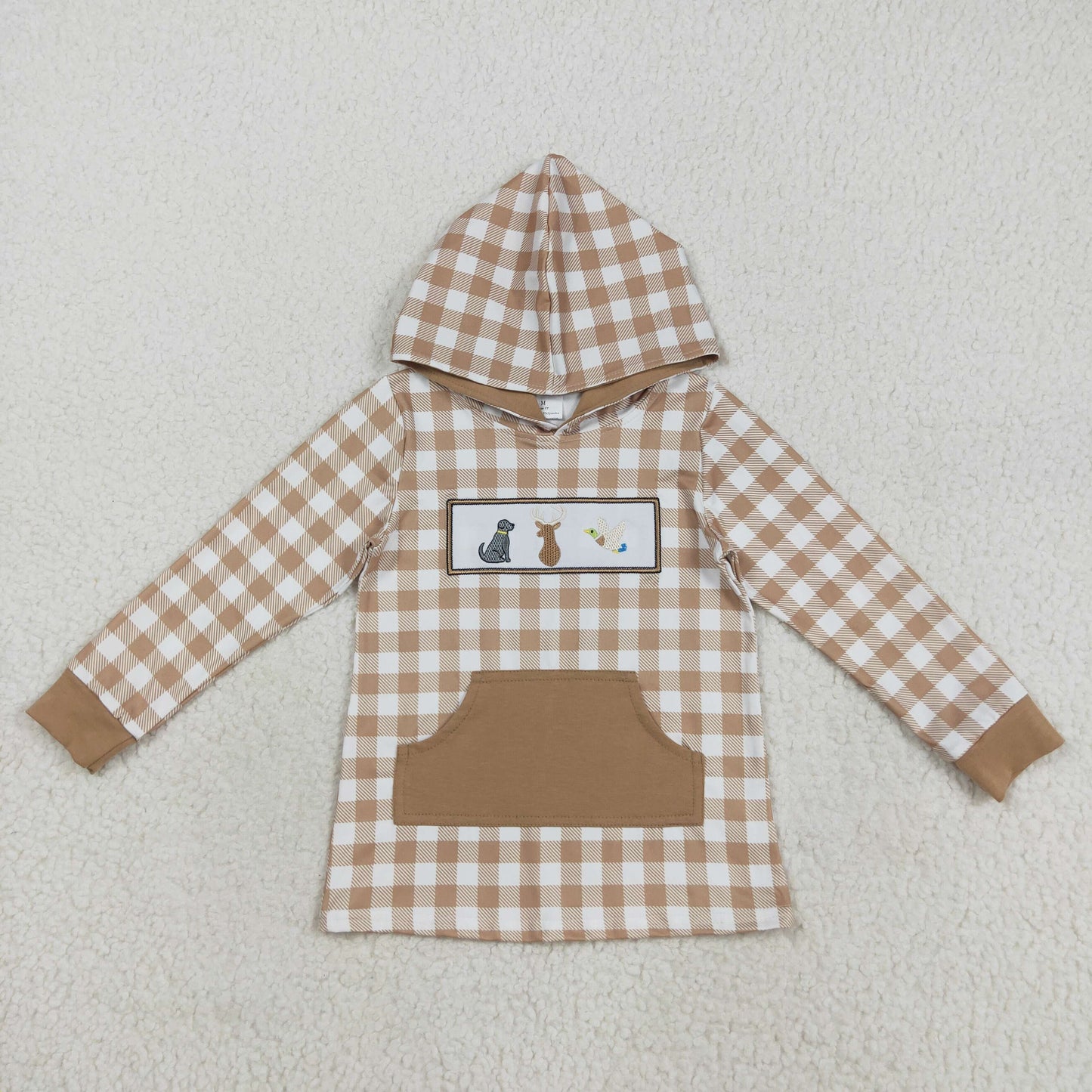 BT1285 Duck Deer Dog Embroidery Plaid Boys Fall Hunting Hoodie Top