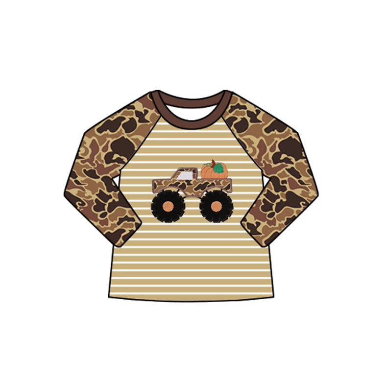 (Pre-order)BT1298 Trucks Pumpkin Brown Camo Print Boys Fall Long Sleeve Tee Shirts Top