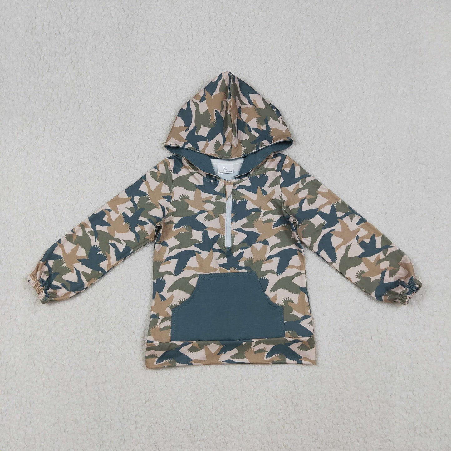 BT1301 Duck Camo Print Boys Fall Hoodie Zipper Pocket Top