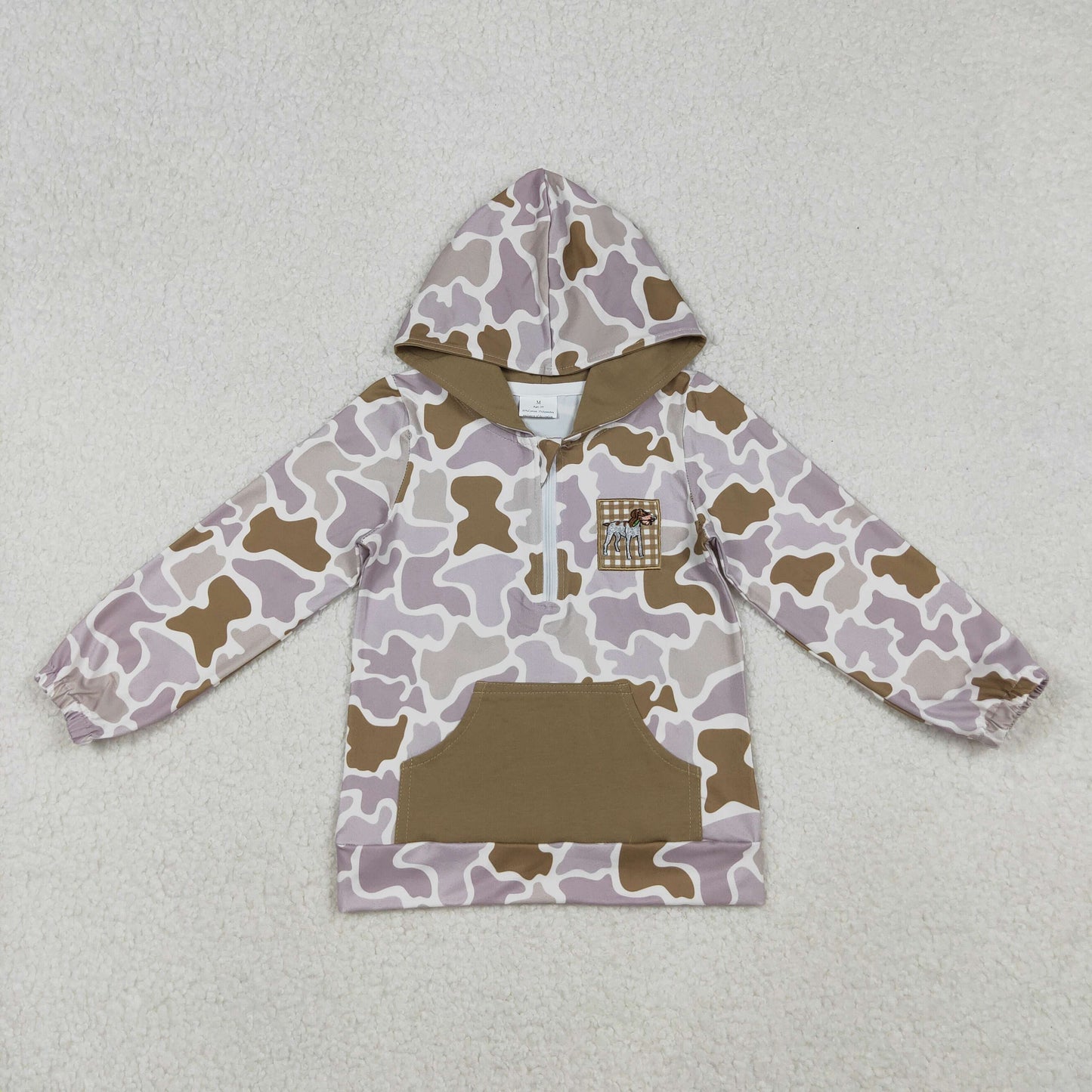 BT1302 Dog Embroidery Khaki Camo Print Boys Fall Hoodie Zipper Top