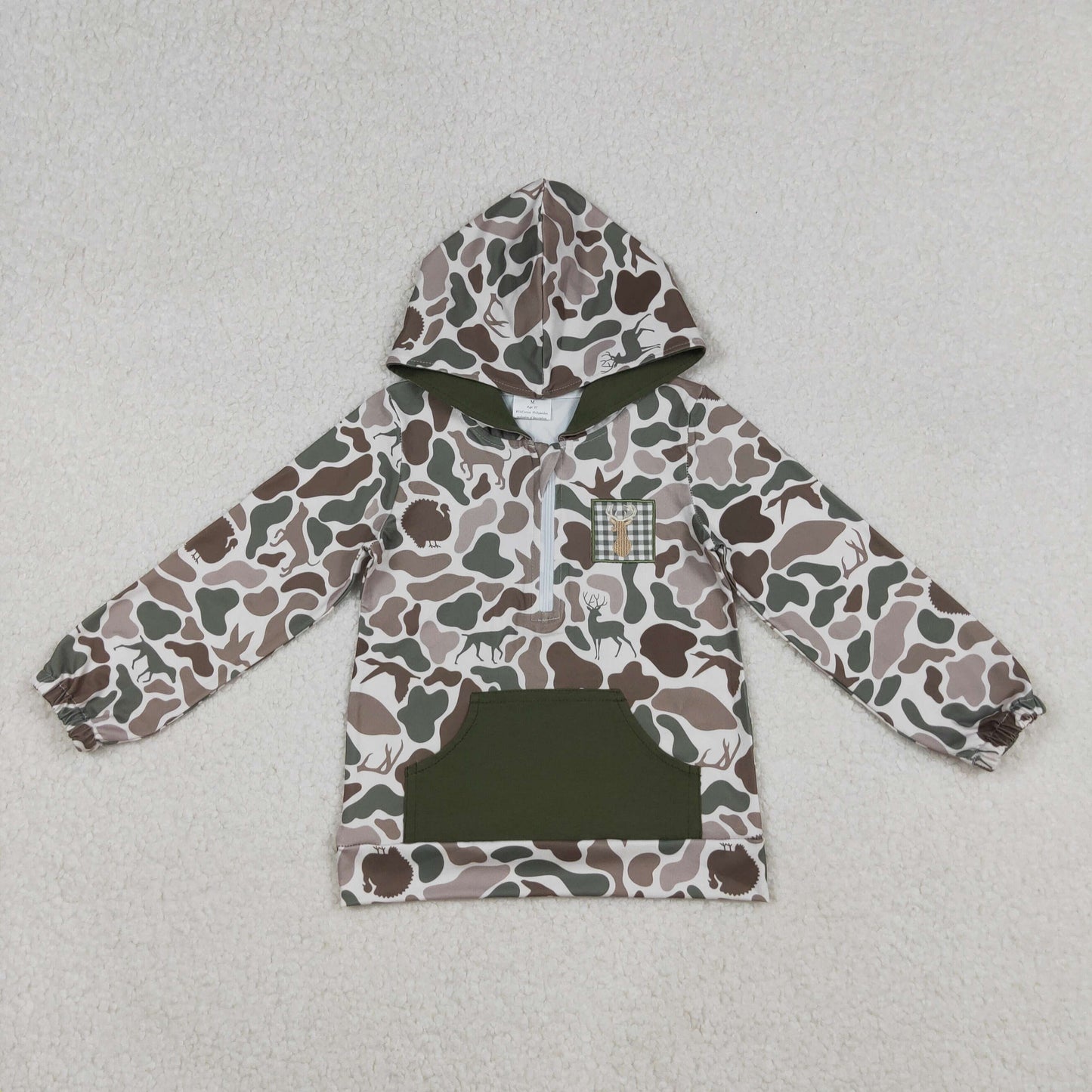 BT1304 Deer Embroidery Dog Duck Green Camo Print Boys Fall Hoodie Zipper Top