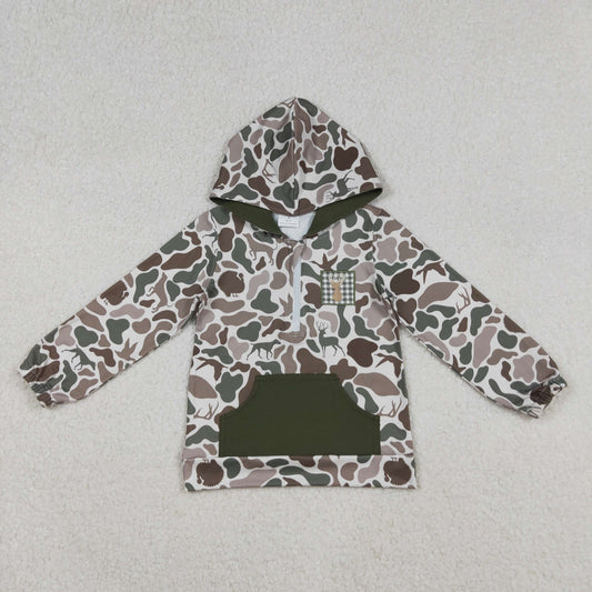 BT1304 Deer Embroidery Dog Duck Green Camo Print Boys Fall Hoodie Zipper Top
