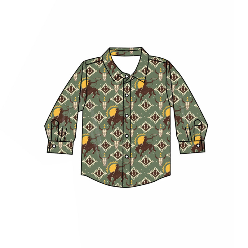 (Pre-order)BT1314 Aztec Cowboy Print Boys Western Long Sleeve Tee Shirts Top