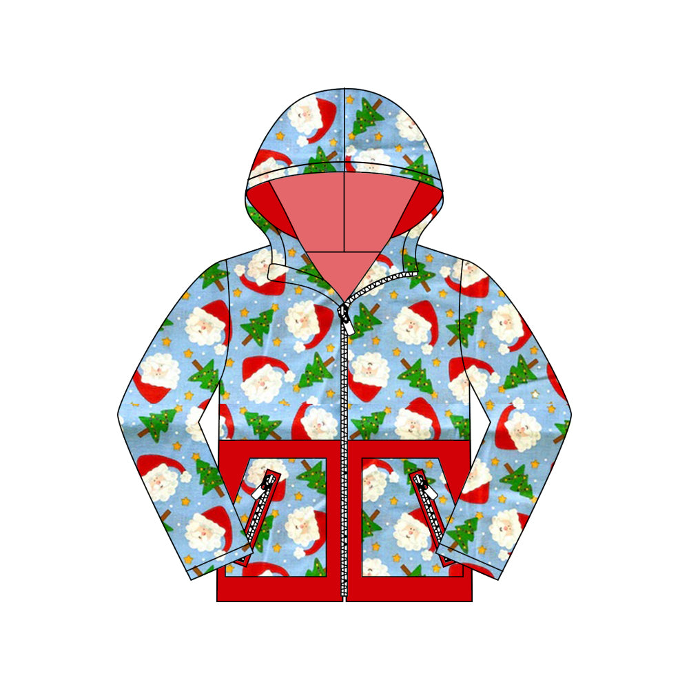 (Pre-order)BT1325 Santa Tree Print Boys Hoodie Zipper Pockets Christmas Jacket Top