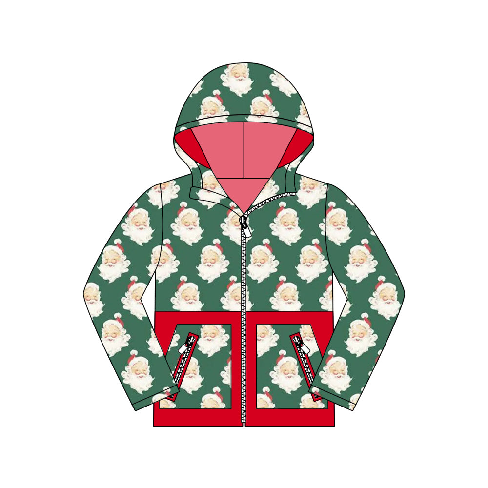 (Pre-order)BT1329 Santa Green Print Boys Hoodie Zipper Pockets Christmas Jacket Top