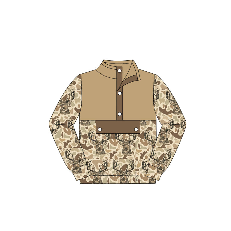 (Pre-order)BT1338 Deer Brown Camo Print Boys Long Sleeve Hunting Polo Top