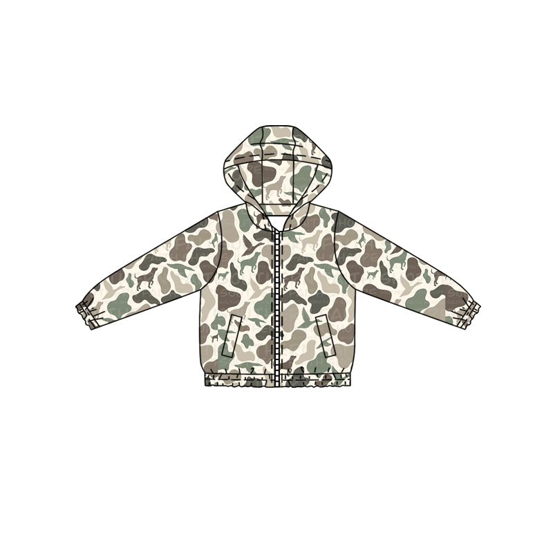 (Pre-order)BT1343 Green Camo Dog Print Boys Fall Zipper Pockets Hoodie Jacket Top