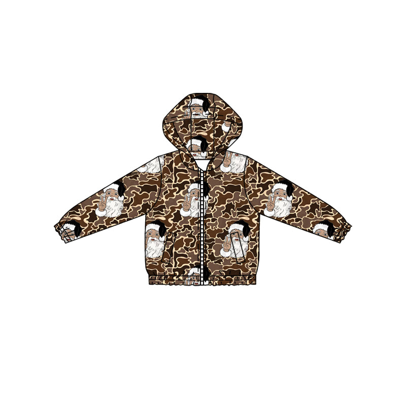 (Pre-order)BT1344 Santa Brown Camo Print Boys Christmas Zipper Pockets Hoodie Jacket Top