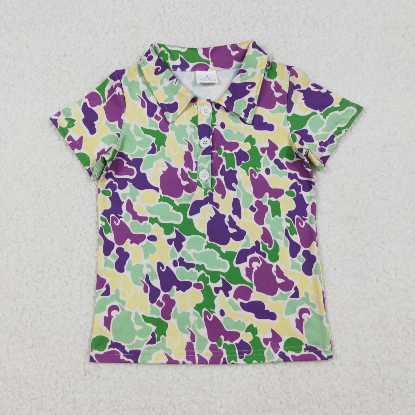 BT1345 Green Purple Camo Print Boys Mardi Gras Polo Tee Shirts Top