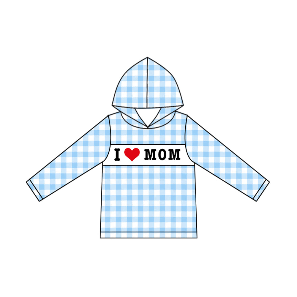 (Pre-order)BT1359 I LOVE MOM Blue Plaid Print Boys Long Sleeve Hoodie Top