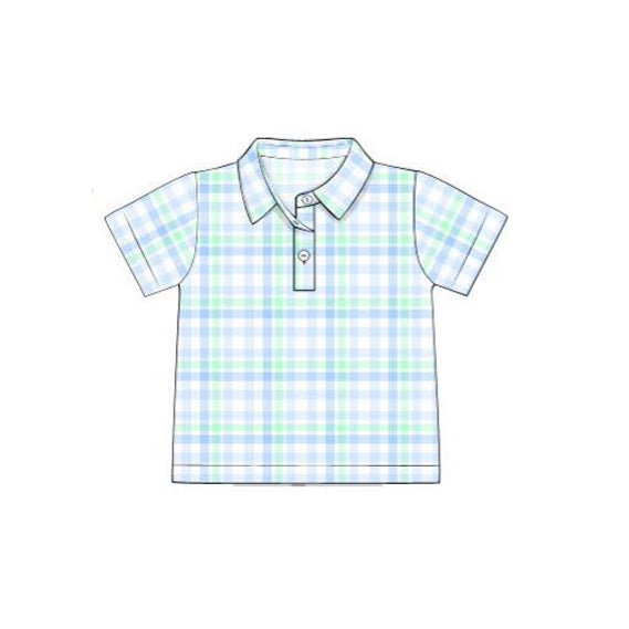 (Pre-order)BT1365 Blue Plaid Print Boys Summer Polo Top