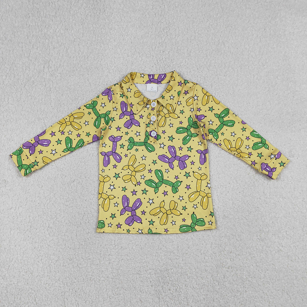 BT1388 Balloon Dog Yellow Print Boys Mardi Gras Polo Tee Shirts Top