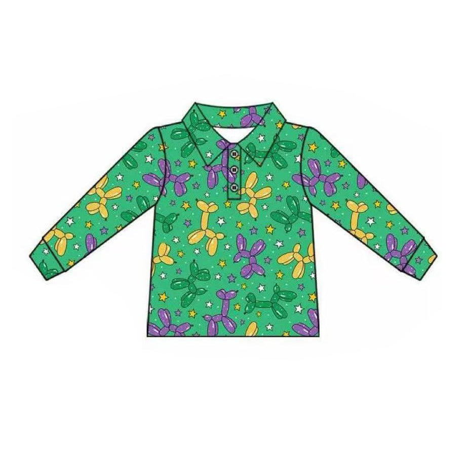 (Pre-order)BT1389 Balloon Dog Green Print Boys Mardi Gras Polo Top