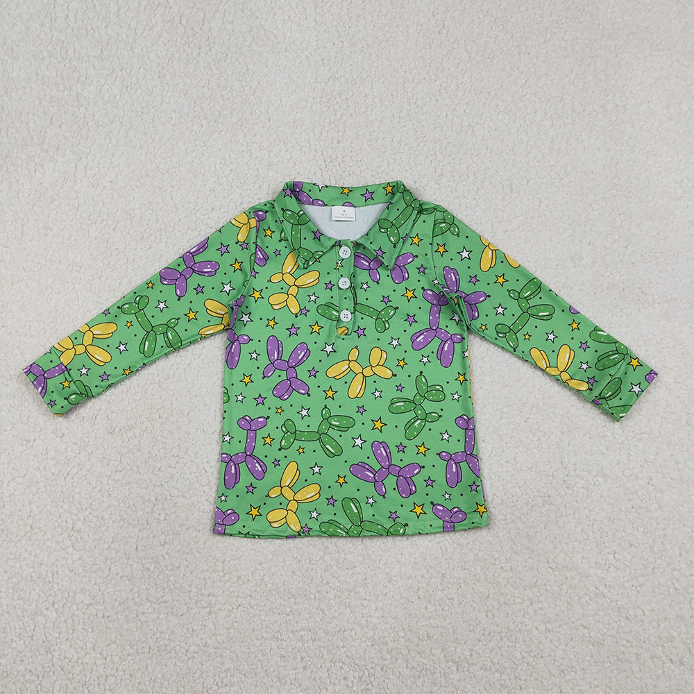 BT1389 Balloon Dog Green Print Boys Mardi Gras Polo Tee Shirts Top