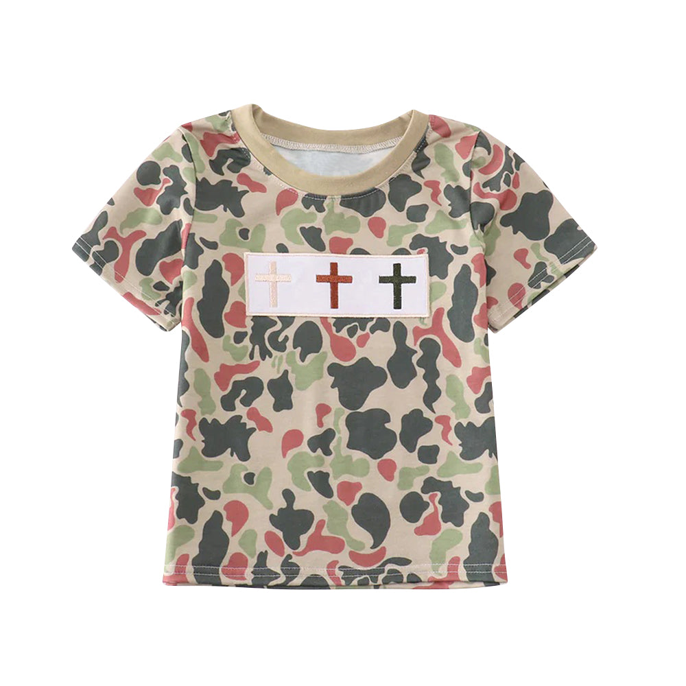 (Pre-order)BT1395 Cross Camo Print Boys Easter Tee Shirts Top