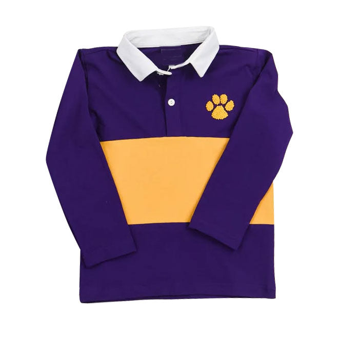 (Pre-order)BT1396 Yellow Paw Purple Print Boys Long Sleeve Polo Top
