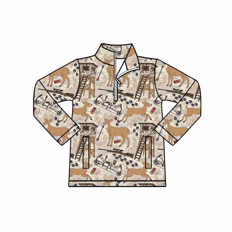 (Pre-order)BT1397 Deer Camo Hnting Print Boys Zipper Pulover Top
