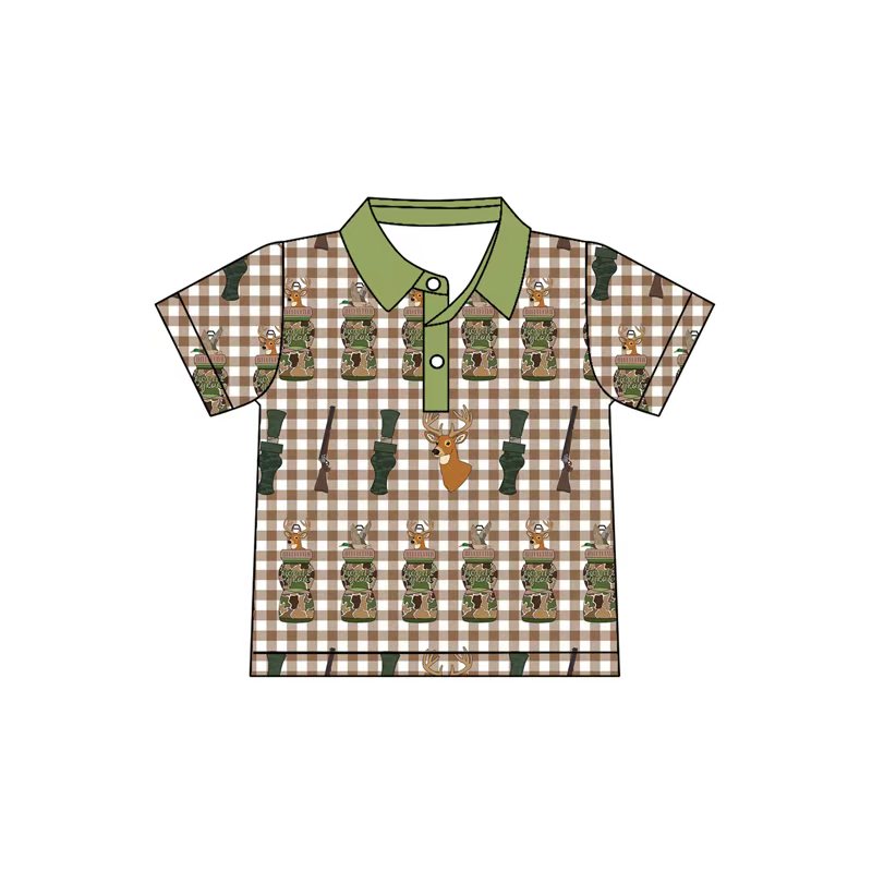 (Pre-order)BT1410 Duck Call Deer Plaid Print Boys Summer Polo Top