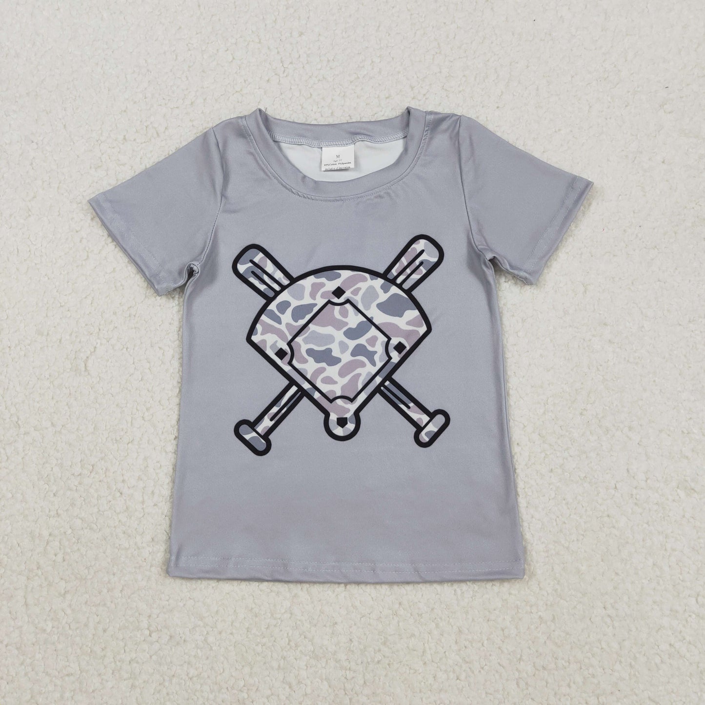 BT1421 Baseball Grey Camo Print Boys Summer Tee Shirts Top