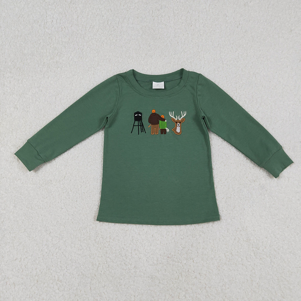 BT1438 Go Hunting Embroidery Green Boys Long Sleeve Tee Shirts Top