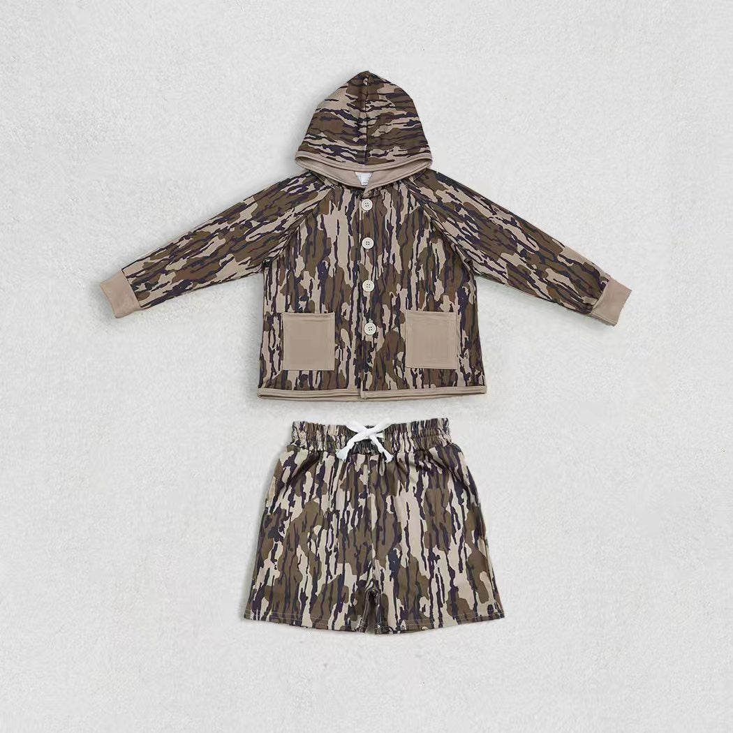 2 Colors Camo Pockets Hoodie Buttons Jackets Top Shorts Kids Clothes Set Sibling Wear