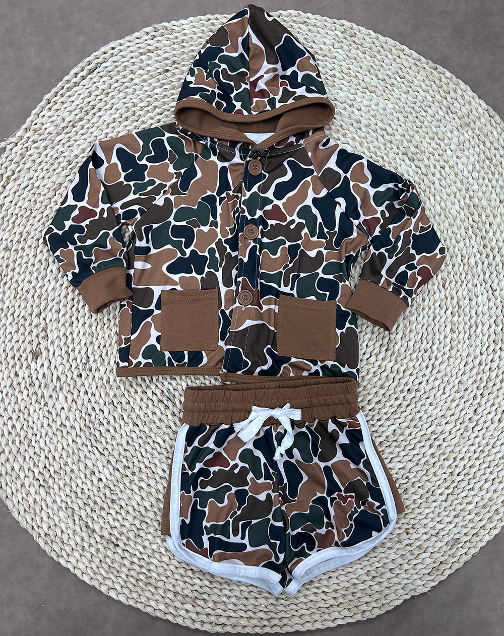 Brown Camo Hoodie Top Shorts Kids Clothes Set Sibling Wear