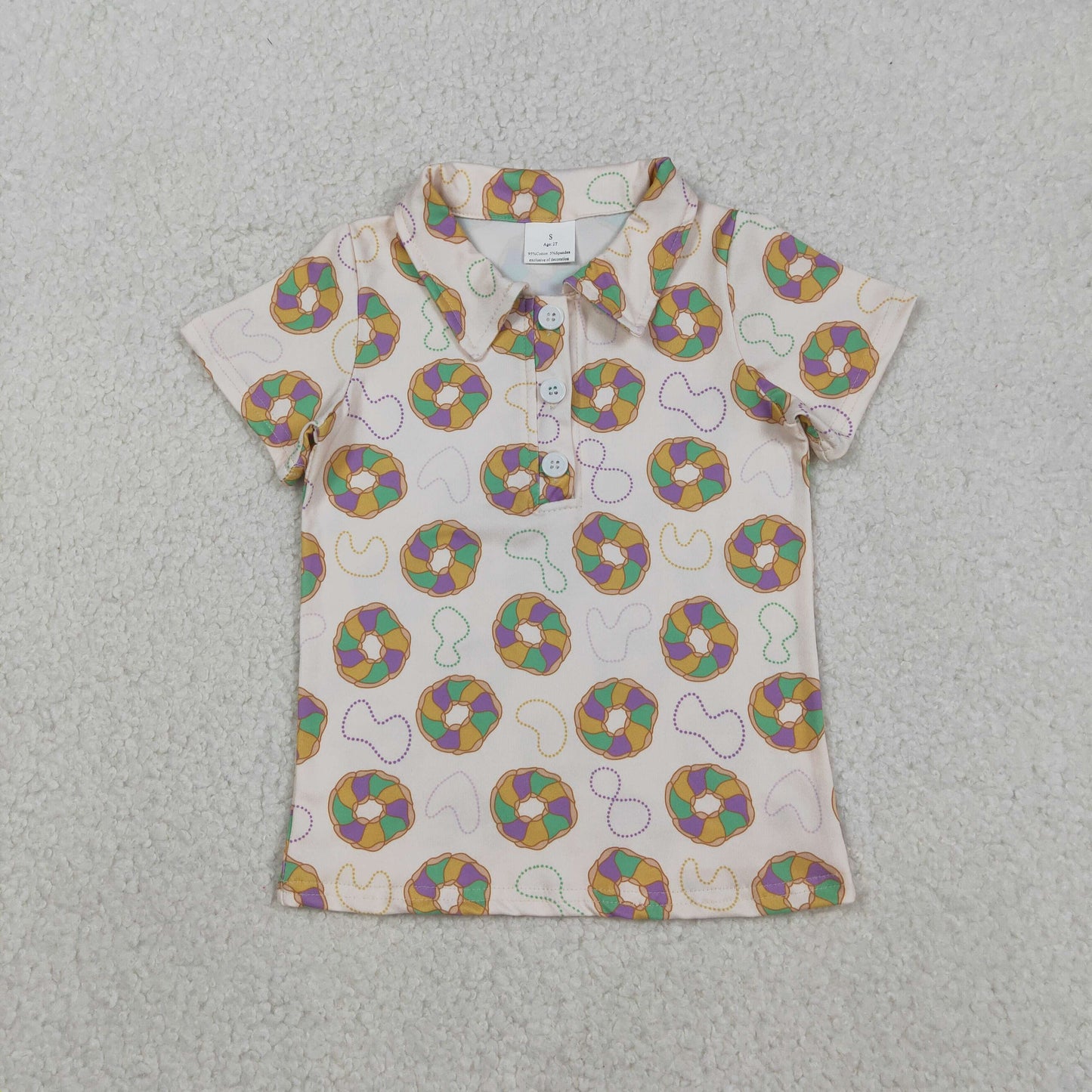 BT1454 Donut Print Boys Mardi Gras Short Sleeve Polo Top
