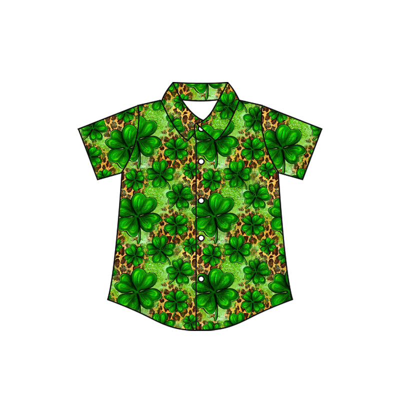 (Pre-order)BT1460 Leaf Green Leopard Print Boys St. Patrick's Day Tee Shirts Top