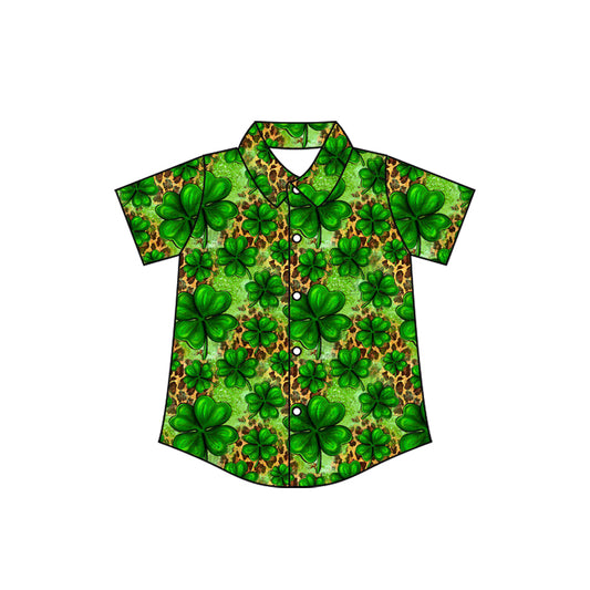 (Pre-order)BT1460 Leaf Green Leopard Print Boys St. Patrick's Day Tee Shirts Top