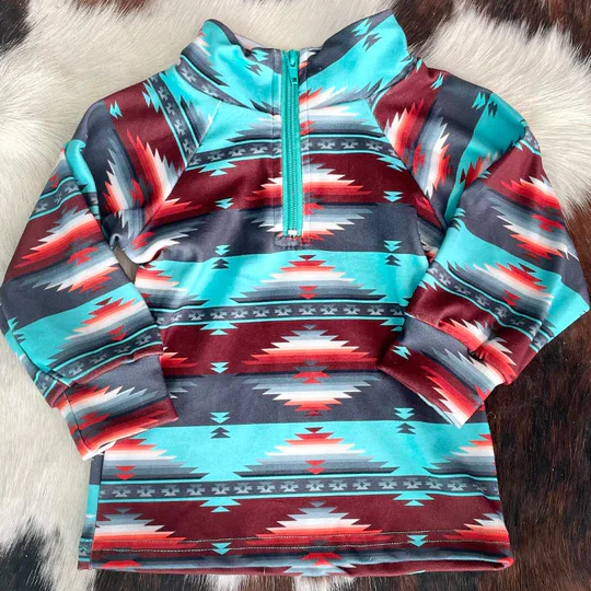 (Pre-order)BT1467 Aztec Wine Blue Print Boys Western Zipper Pullover Top