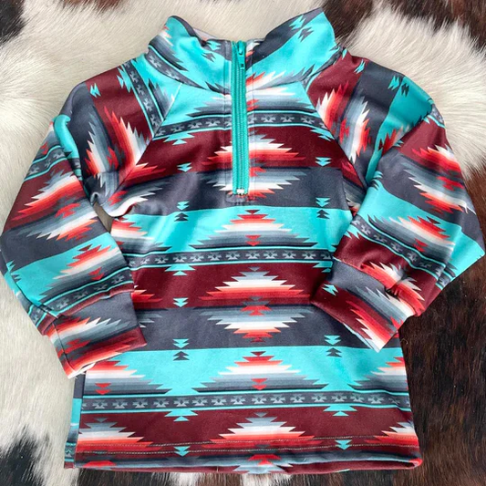 (Pre-order)BT1467 Aztec Wine Blue Print Boys Western Zipper Pullover Top