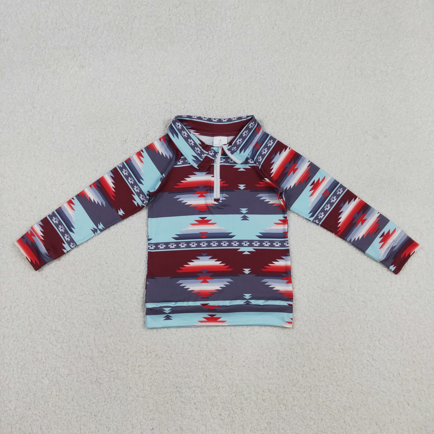 BT1467 Aztec Wine Blue Print Boys Western Zipper Pullover Top