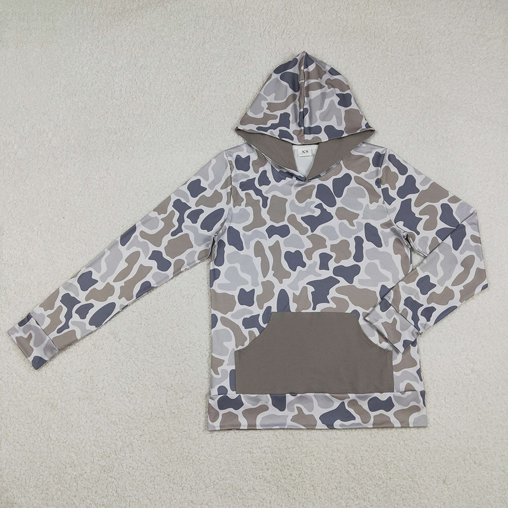 BT1471 Adult Brown Grey Camo Print Man Pockets Hoodie Top