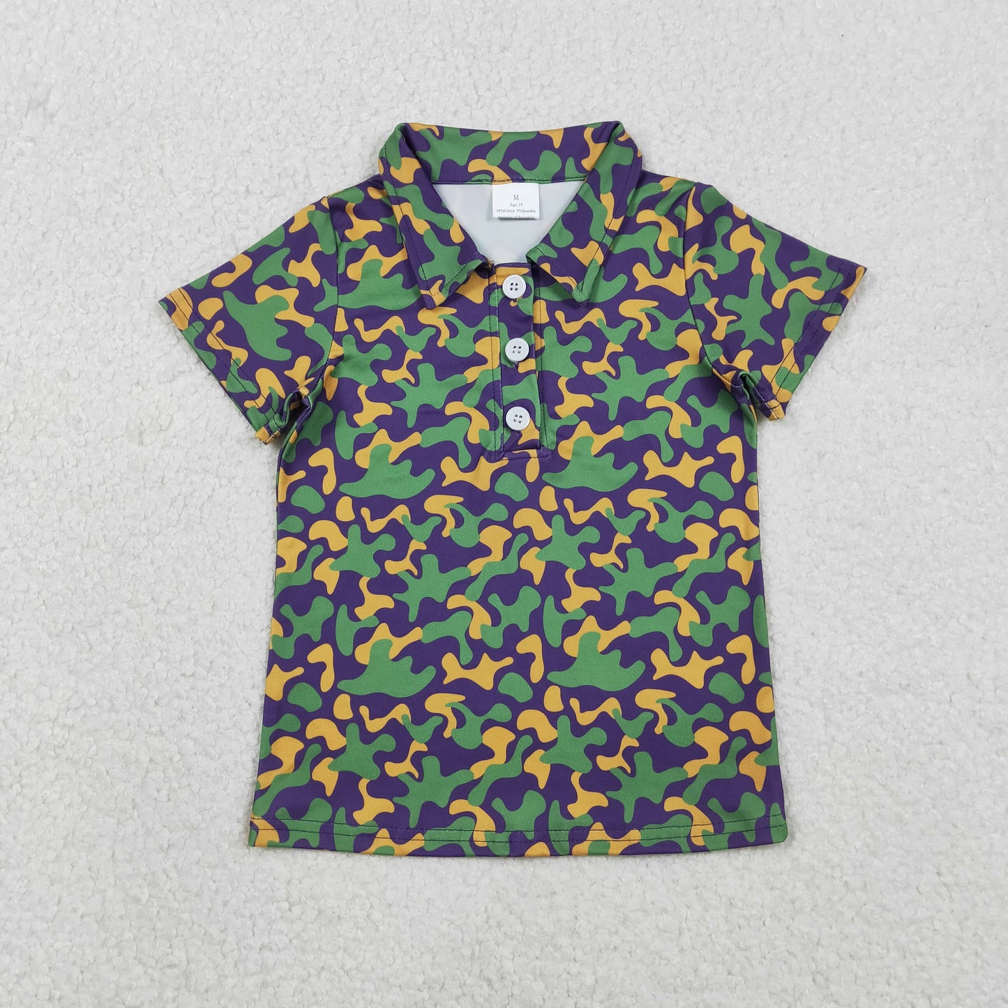 BT1498 Green Purple Camo Print Boys Mardi Gras Polo Top